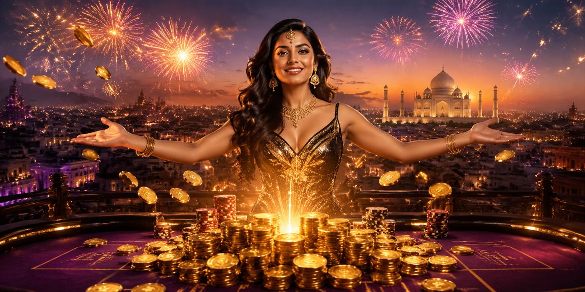 A luxurious casino setting with rupee symbols and Taj Mahal backdrop
